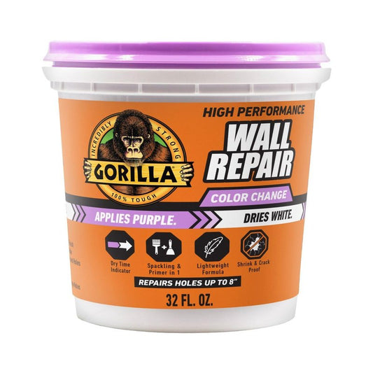 Gorilla High Performance Wall Repair Color Change, 32 Ounce Tub, Applies Purple, Dries White – Spackling & Primer in One, Shrink & Crack Resistant