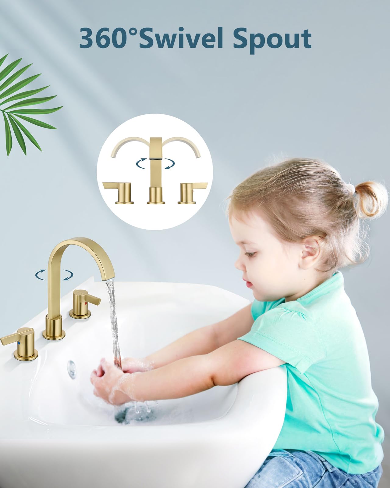 Aolemi 3 Hole Bathroom Faucet, 8 Inch Widespread Waterfall Sink Faucet, 2 Handle Vanity Faucet with Pop Up Drain and Supply Lines, Brushed Gold