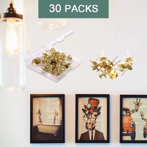 30 PCS Picture Hangers Hooks for Drywall, Double Headed Nails Push Pin Thumbtacks for Wall Hangings Picture, Decorative Small Hook Pins for Cork Board Home Office Photo Decorations (Gold)