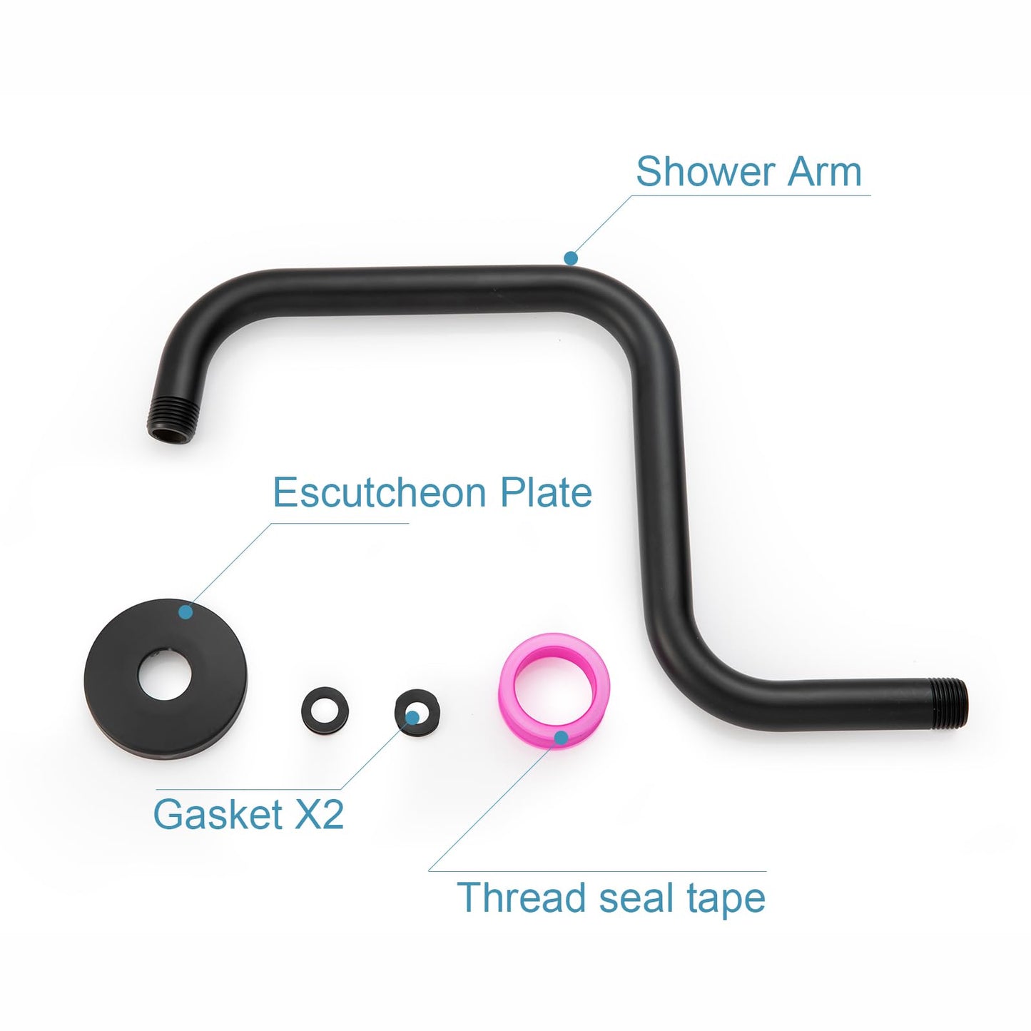 OFFO Shower Head Extension Arm 13 in, S Shaped High Rise Extender with Flange Shower Head Pipe Arm, Matte Black