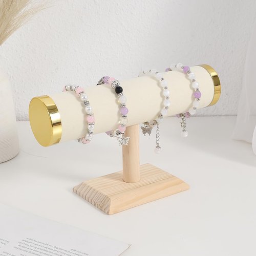 Wooden Watches Display tower Base Watch Necklace Bracelet Organizer Rack Bangle Scrunchie Headband Showcase tower (Suede Round Beige, 1-tiered)