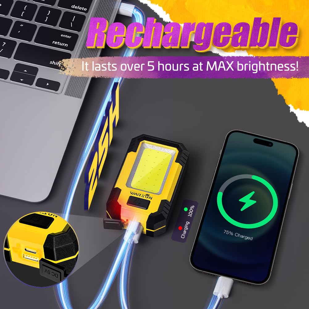 WARSUN 2 PC Portable LED Rechargeable Work Light,Magnetic Base & Hanging Hook, 30W 1200Lumens Super Bright, 5000K, for Car Repairing, Camping, Hiking, Backpacking, Fishing, Hurricane, Yellow