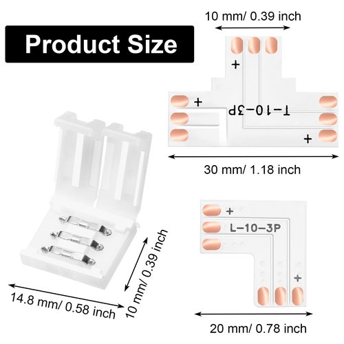 28 Pieces 3 Pin LED Connector LED Strip Solderless Light l Shape Lights Extension T Shape Solderless Adapter Connector 10 mm for WS2811 WS2812B SK6812 Strip