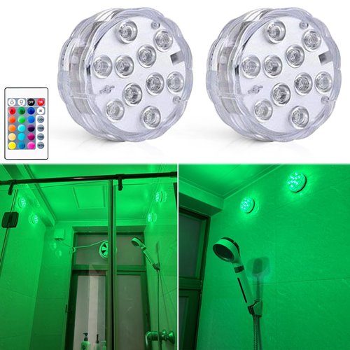 Seagenck Bathroom Lights Wireless Battery Operated, Waterproof Led Glow Light for Bath Shower Spa Vanity Lights, for Over Mirror Wall Ceiling Lights, RGB Multi Color Remote Controlled, 2pcs