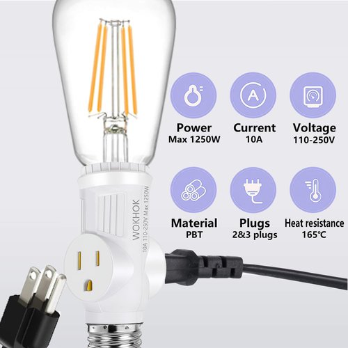 Light Socket to Plug Adapter,Convert E26 Light Socket to 2/3 Prong Outlet Adapter and Light Bulb Socket,Light Bulb Plug Adapter for Garage Porch,2 Pack(White)