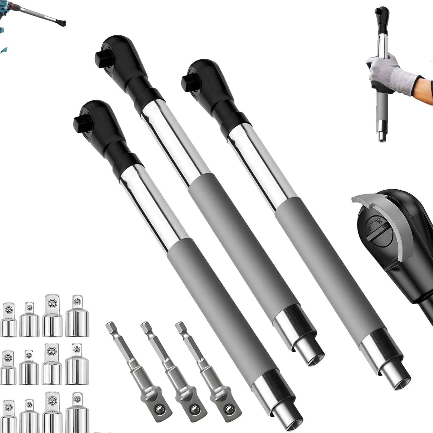 Offset Extension Wrench Impact for Electric Drill, with 4 Socket Adapters and 1/2‘’ Drill Adapter, Multifunctional Chain Drive Electric Ratchet Wrench Tool for Tightening Fasteners (1pcs)