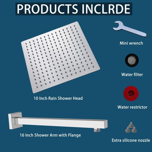 Katezon 10" High Pressure Rainfall Shower Head with 16" Shower Arm, Stainless Steel Square Showerhead Self-Cleaning Silicone Nozzles, Ultra-Thin Design, Universal Wall and Ceiling Mount (Chrome)