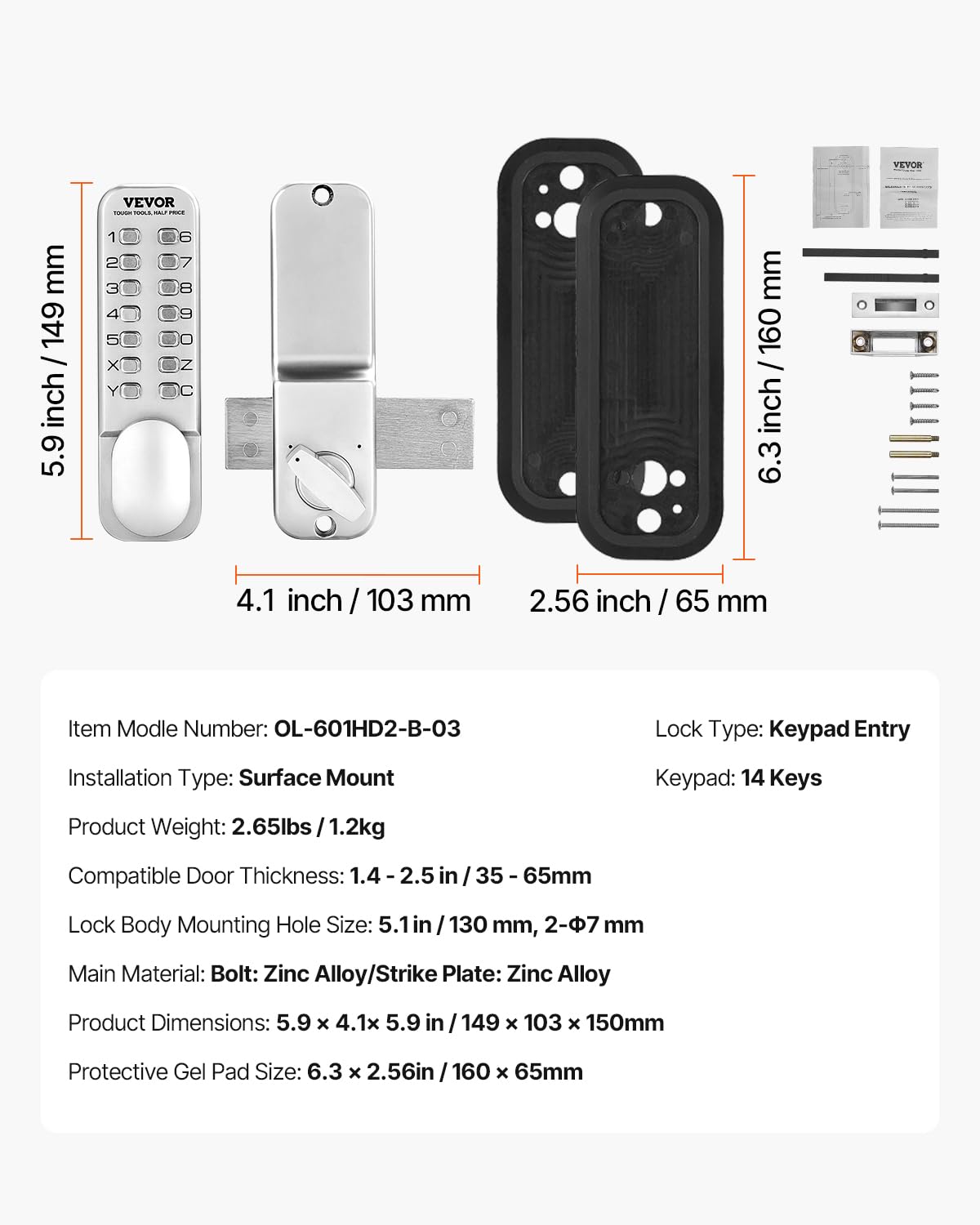 VEVOR Mechanical Keyless Entry Door Lock, 14 Key Door Lock, Mechanical Keypad with Adjustable Thumb Knob, Single-Side Zinc Alloy Waterproof Keyless Gate Lock, for Home Office