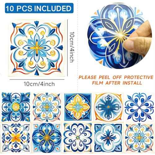 Floral Self-Adhesive DIY Stickers Peel and Stick Backsplash Waterproof Wall Art Decals Home Decor in Boho Talavera Moroccan Design, 4x4 Inch