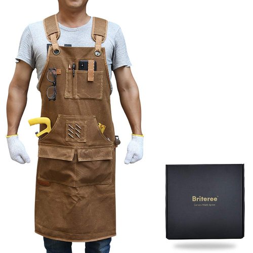 BRITEREE Woodworking Apron for Men, Gifts for Men Dad Father, with 9 Tool Pockets, Durable Waxed Canvas Work Apron for Woodworkers Carpenters Blacksmiths (Brown -Waxed Canvas Apron)