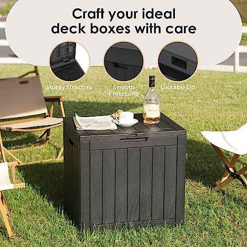 TARKARI 35 Gallon Lockable Resin Deck Box, Waterproof & UV-Resistant Outdoor Storage Box for Outdoor Cushion Storage, Garden Tools & Pool Accessories Storage, Black