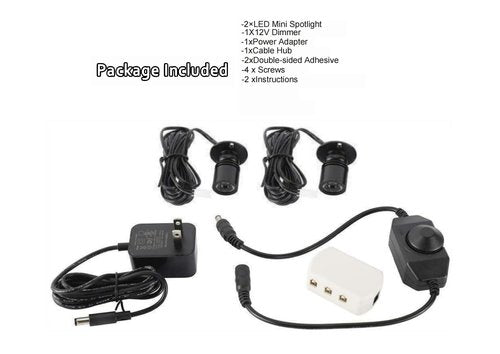 Dimmable 12V LED Mini Spotlights for Display - 1.5W Daylight 6500K, Small Spotlights for Displays with Dimmer, Black - Set of 2