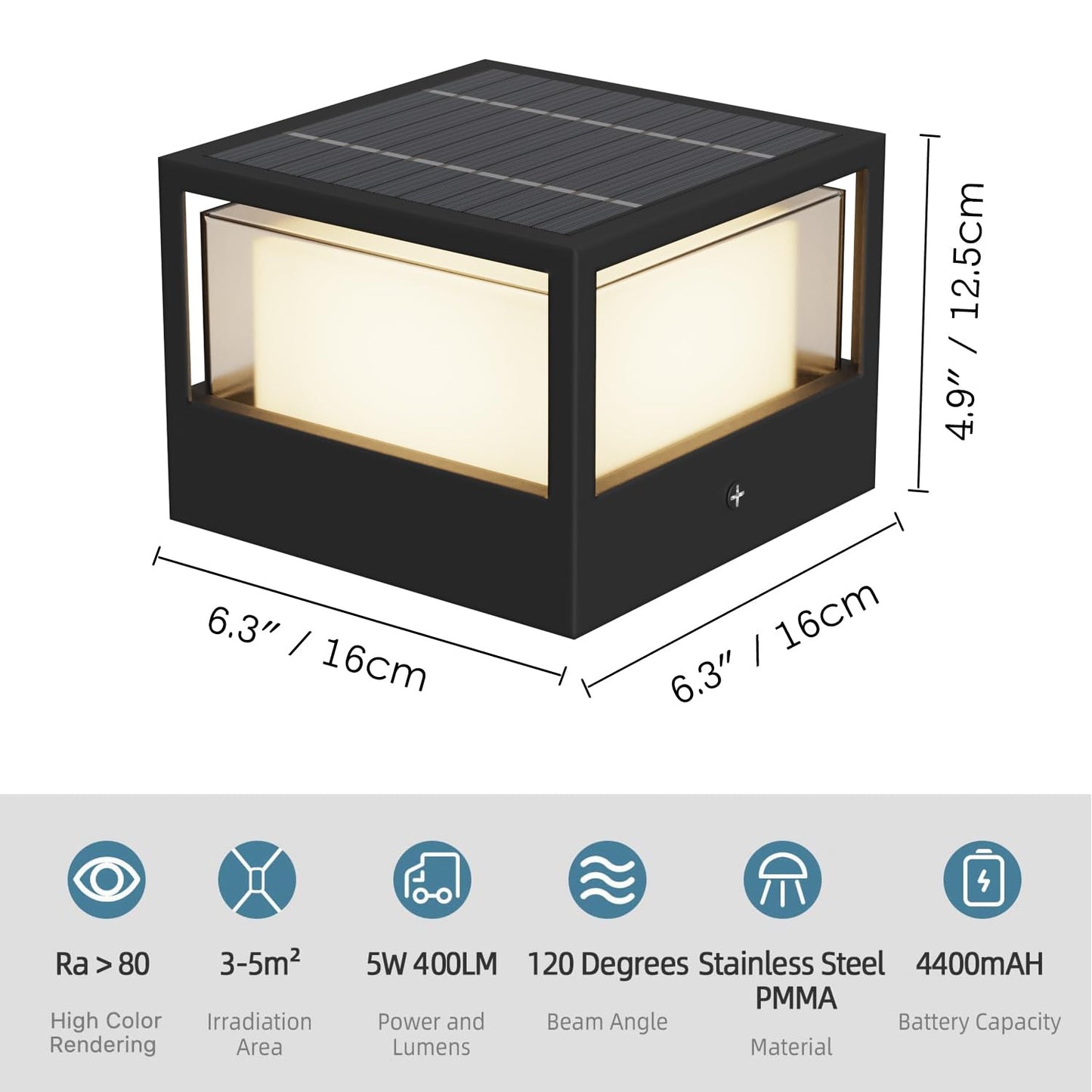 GCDFGV Solar Post Light, Dusk to Dawn Solar Lamp Post Light Ip65 Waterproof Pillar Lights Outdoor 6.3", 3000k, Aluminum, for Garden Patio Yard Decoration, Up to 12 Hours, Black