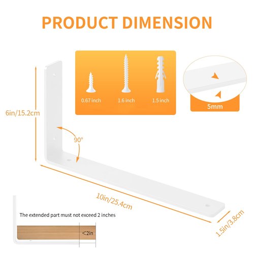 Heavy Duty Shelf Brackets Floating L Shelf Bracket, Brackets for Shelves, L 10" x H 6" x W1.5 Wall Shelf Brackets for DIY, Suitable for Study, Kitchen, Living Room, Bathroom (White, 6 Pack)