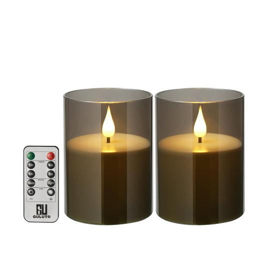 Guluto Flameless Flickering Candles, Non-breakable Battery Operated Candles, D 3" xH 4", Set of 2, Led Acrylic Grey Electric Pillars Candle with Remote and Timers for Wedding Party Romantic Decor