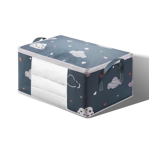 1 Extra Large Storage Bag for Blankets Clothes Comforters with Handles Clear Window Space Saving Foldable Non Woven Fabric 21.7x13.8x9.8in Deep Blue
