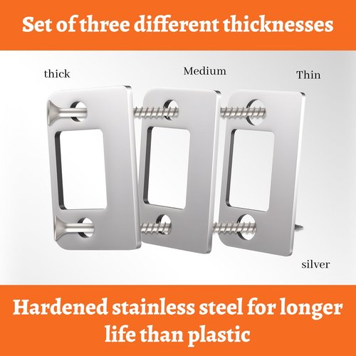 1 Pack Door Strike Shim Plates, Deadbolt Restorer Strike Plates Stainless Steel Standard Size Spacer 3pcs Latch Restorer Strikes Plate with 3pcs Wood Dowel Strip and 4 pcs Screws for Home Office Door