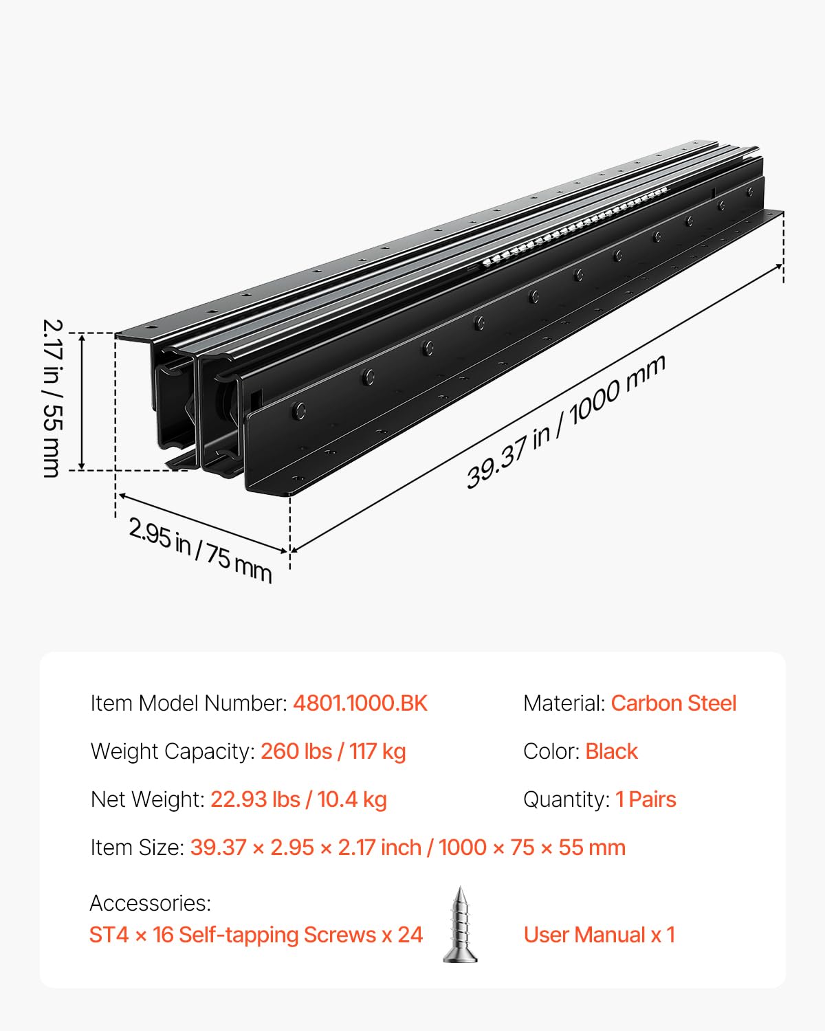 VEVOR Undermount Heavy Duty Drawer Slides, 16 24 32 40 Inch 260 lb Load Capacity Full Extension Ball Bearing Under Stair Cabinet Rails, Bottom Stair Cabinet Glides Track Runners(40inch, Black)