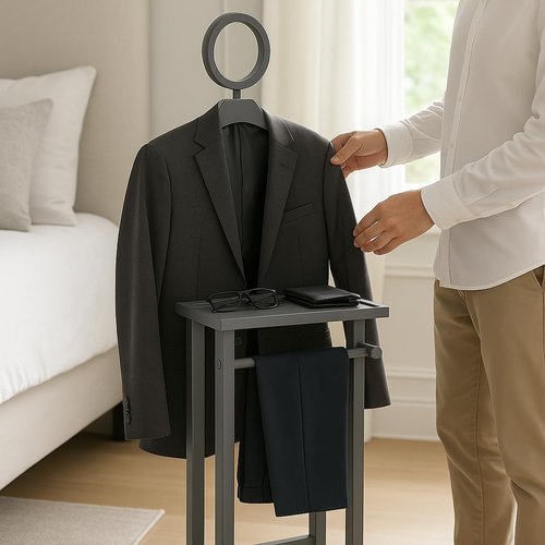 Ergode Carson Valet Stand, Compact Organizer for Clothing and Accessories, Wooden Suit Rack with Hanger, Tray, and Trouser Bar, Ideal for Bedroom, Closet, Office, or Dressing Area