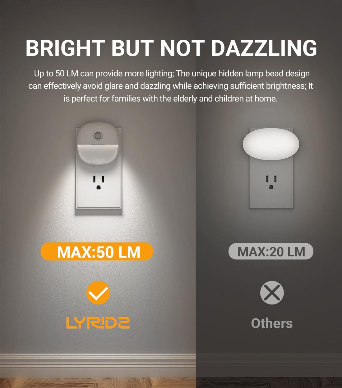 Lyridz Plug in Night Light with Motion Sensor and Dusk to Dawn Sensor, Dimmable Cool White Nightlight with 1-50lm Adjustable Brightness for Bedroom, Bathroom, Stairs, Hallway, 4 Pack