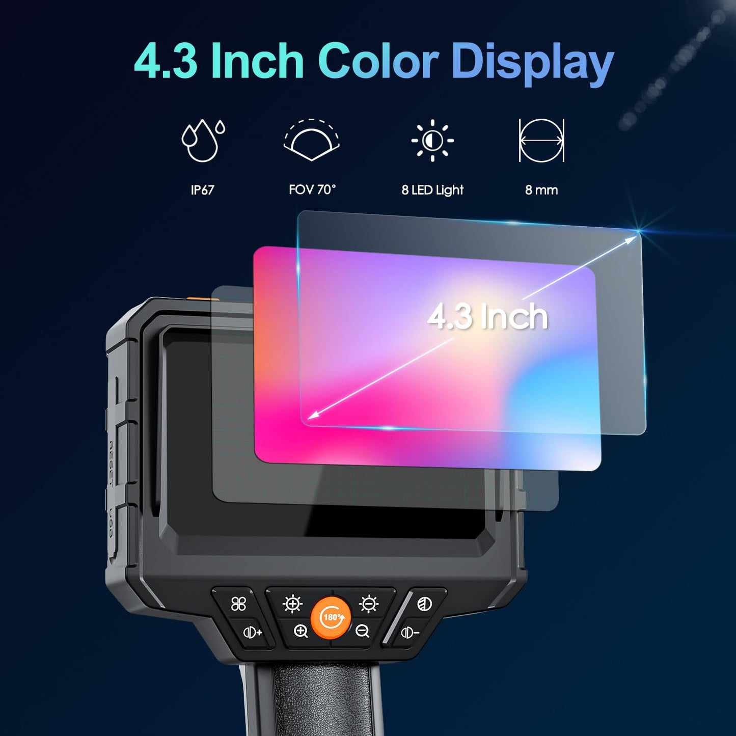 SKYBASIC Endoscope with Light, 4.3'' LCD Screen HD Digital Handheld Borescope IP67 Waterproof Snake Camera - 5M(16.5FT) with 8 LED Lights, 3 Accessories, Semi-Rigid Cable