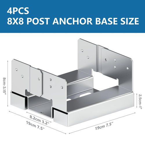 8x8 Galvanized Post Base for Concrete, 4 Pack Post Deck Base Anchor for 7.5x7.5 Wood, Post Base Holder with 1" Standoff for Deck Gazebo Pergola Porch, Includes 8 Fastener & 64 Screws