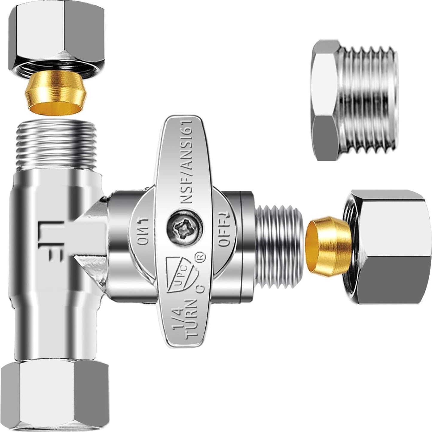 Tee Stop Valve - Lead-Free Add-A-Tee Valve 3/8 Inch x 3/8 Inch x 3/8 Inch,1/4 Turn Brass Extender Tee Connector with Built-in Sealing Gasket for Faucet,Glass Rinser,Dishwasher,Washing Machine
