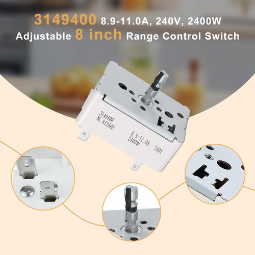 3149400 3148954 WP3149400 3148953 Range Surface Burner Infinite Switch for Large 8 Inch Burner Replace Parts: 2786 AP6007666 PS11740783 EAP11740783 310180 311846 311858 311859 Fits for Whirlpool