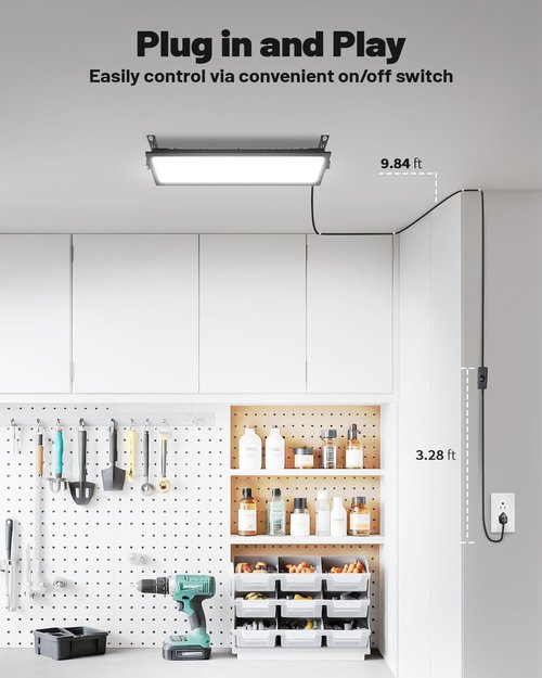 AGranTOP 2 Pack Linkable LED Shop Lights, 100W 15000LM Aluminum Plug in Garage Light w/ 9.84ft Power Cord and Switch, 6000K Daylight, for Garage, Workshop, Warehouse (Built-in Outlet)