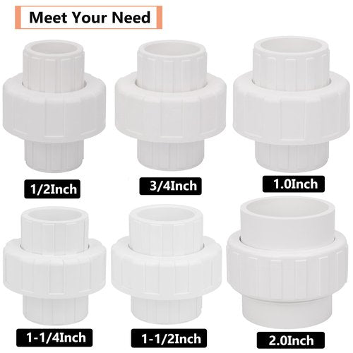 2 Pack 2" PVC Union Coupling Pipe Fitting (Socket x Socket) 2 Inch PVC Slip Union PVC Adapter Coupling Schedule 40, EPDM O-Ring, White