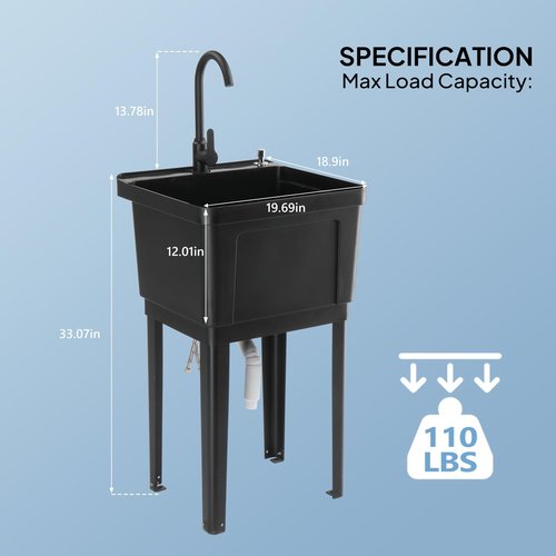 ROVSUN 21-Gallon Plastic Utility Sink, Freestanding Sink with Hot&Cold Faucet, Soap Dispenser, Drain Plug and Iron Legs, Perfect for Laundry Room, Garage, Black 19.7L"×18.9W"×33.1H"