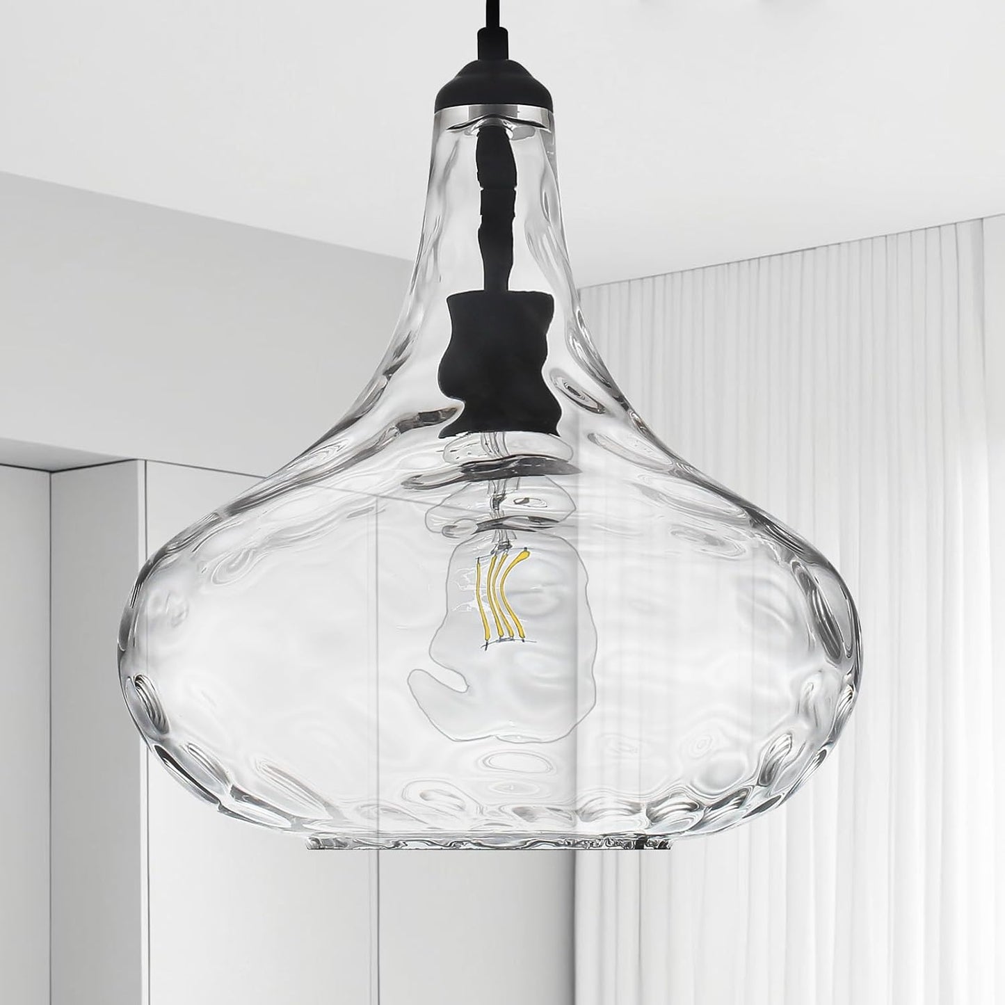 9.3" Blown Glass Pendant Lighting for Kitchen Island,Black Large Pendant Light Fixture with blown Thickened Glass,1 Light Farmhouse Hanging Light for Hallway,Bedroom, Living Room Tall 14 inch