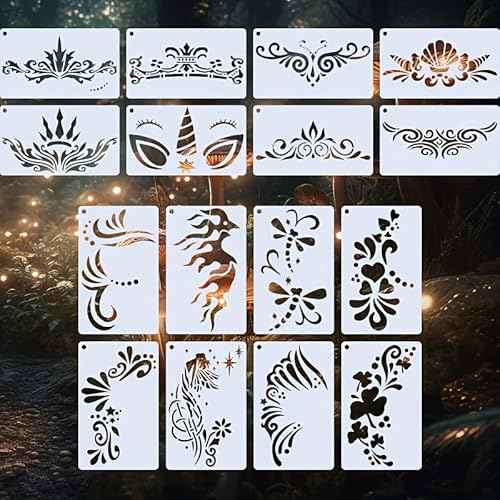Face Painting Stencils, Reusable Washable Templates, 16 Pieces, Floral and Geometric Designs