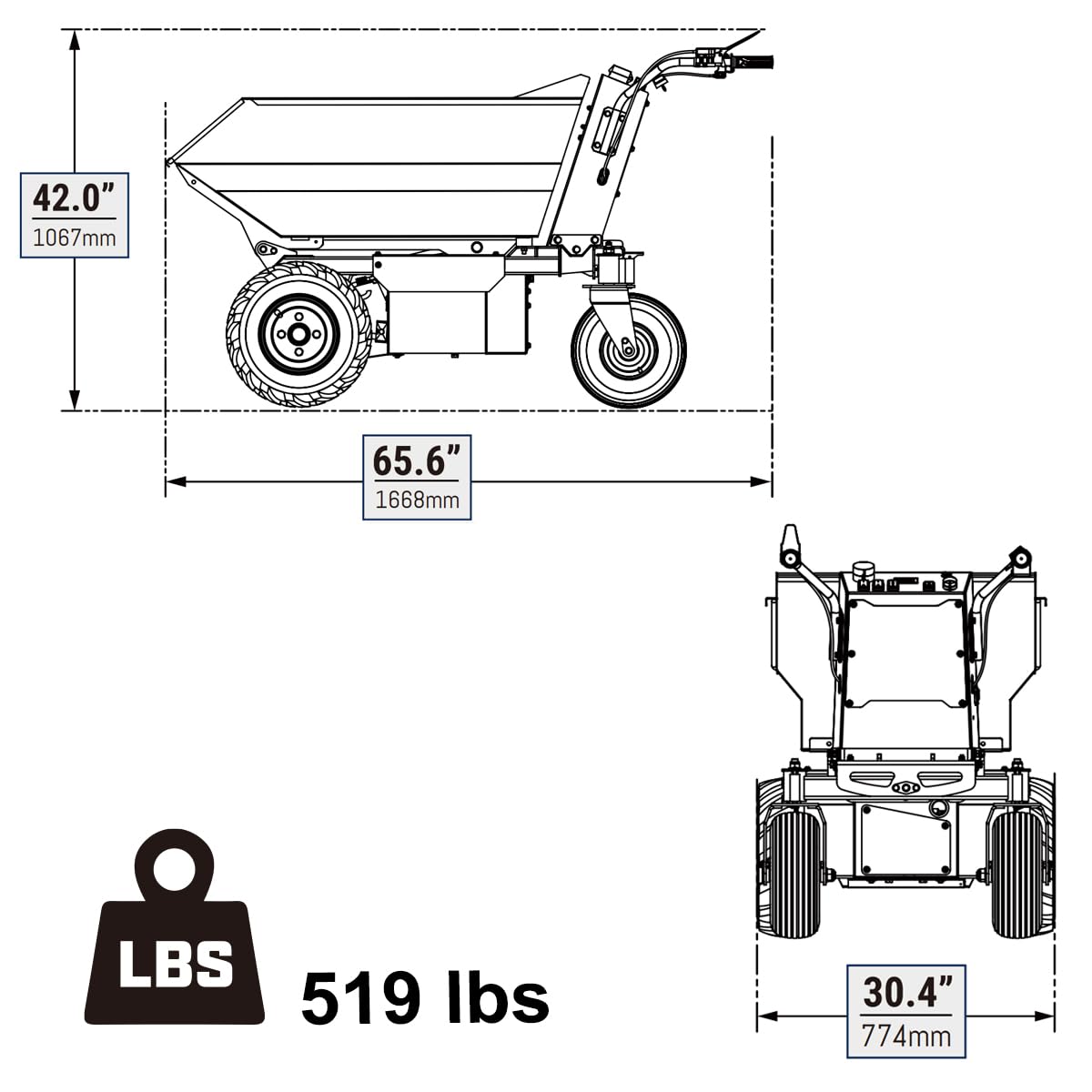 MechMaxx 1100Lb Loading 48V Battery Powered Wheel Barrow Electric Dumper Cart with 30W Light, Hydraulic Tipping, 1000W Brushless DC Motor, LED Display Screen, Model EH50 Red