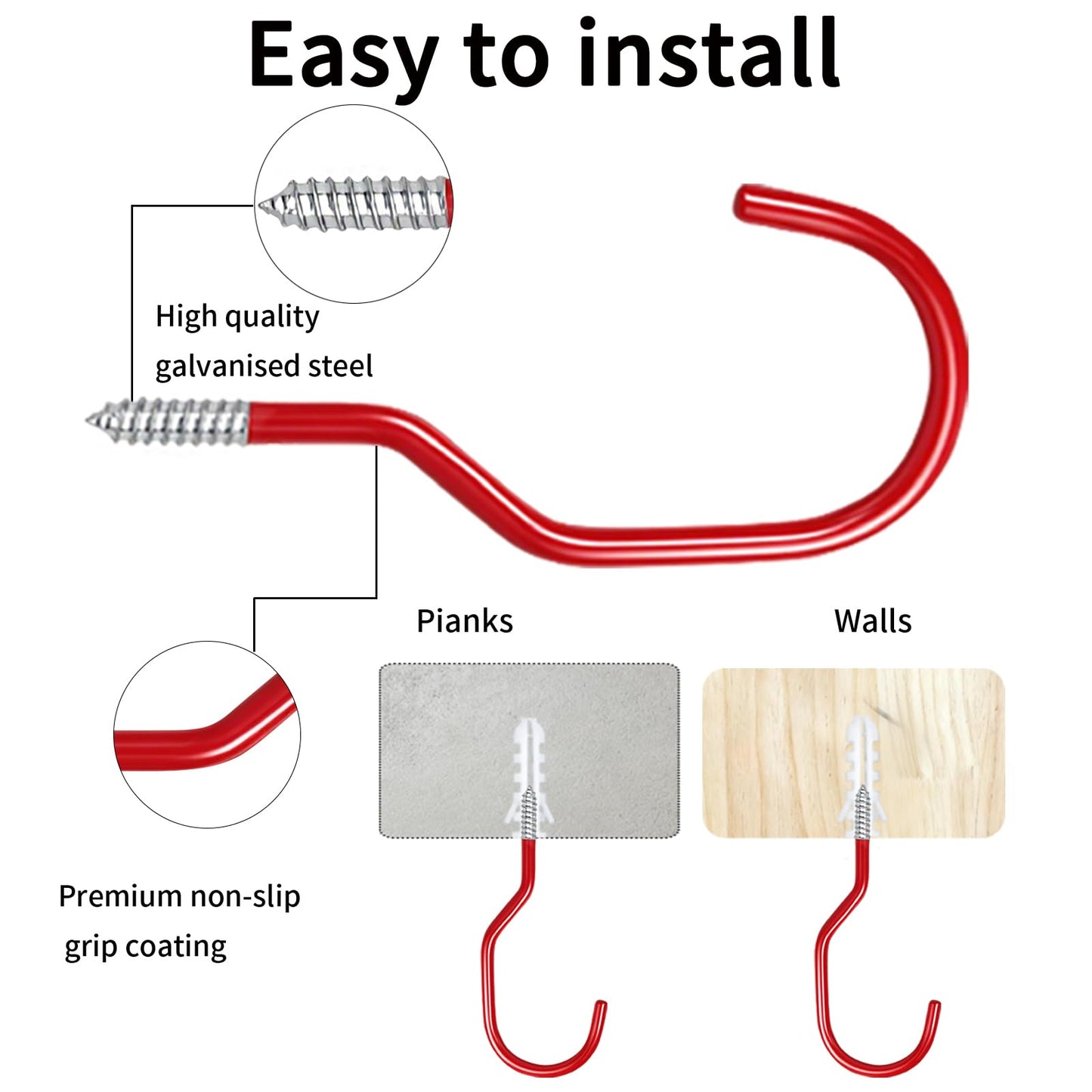 BJUTYEU Heavy Duty Bike Storage Hooks for Garage, Wall and Ceiling Mount Bicycle Hangers, Large Screw-in Utility Hooks for Bikes, Cords, Garden Tools, and More (Red, 7 pcs)