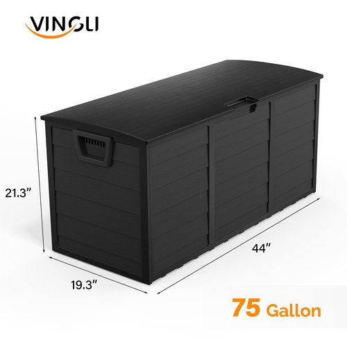 VINGLI 75 Gallon Outdoor Storage Box, Lockable Plastic Storage Containers with Lid, Patio Deck Box Furniture for Garden, Pool, Balcony, Yard (Full Black)