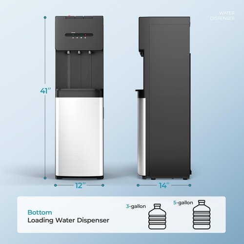 Euhomy Self-Cleaning Bottom Loading Water Dispenser, 3 Temperatures(Cold/Hot/Warm) with Child Lock, Display Light, Suitable for Apartments, Schools, Companies, Black&Silver
