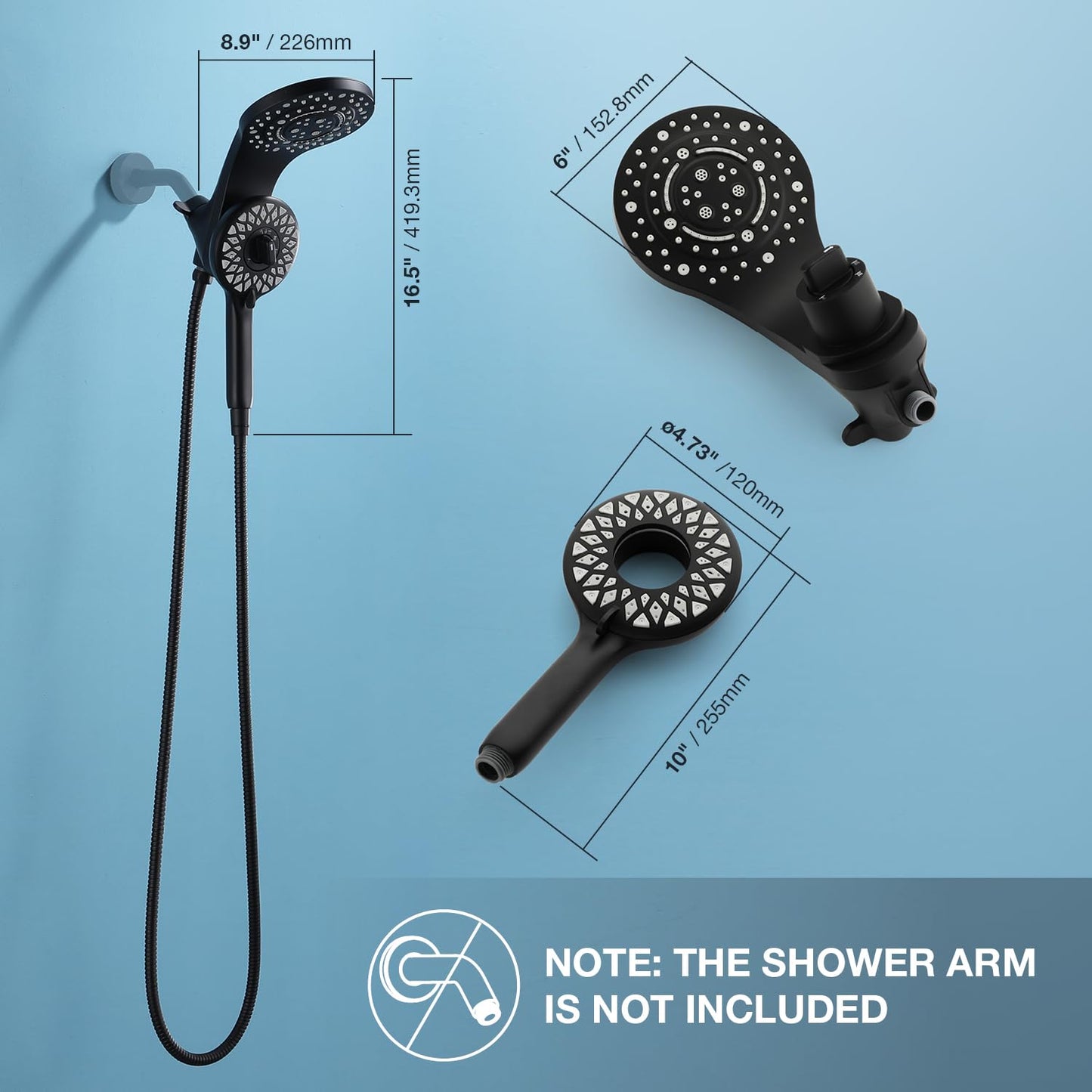 High Pressure Rain Shower Head with Handheld Spray Combo Fixed Showerhead Dual Shower Head Set 10 Sprays Detachable Hand Held Showerheads Built-in Magnetic System Matte Black
