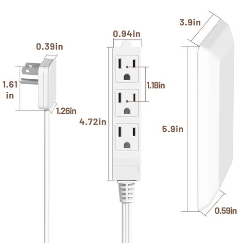 Flat Plug Power Strip Wall Outlet, 3 AC Outlets, Ultra Thin Extension Cord, Multi Socket Extender for Home Office, Dorm Room Essentials for Girls and Boys (White 5ft)
