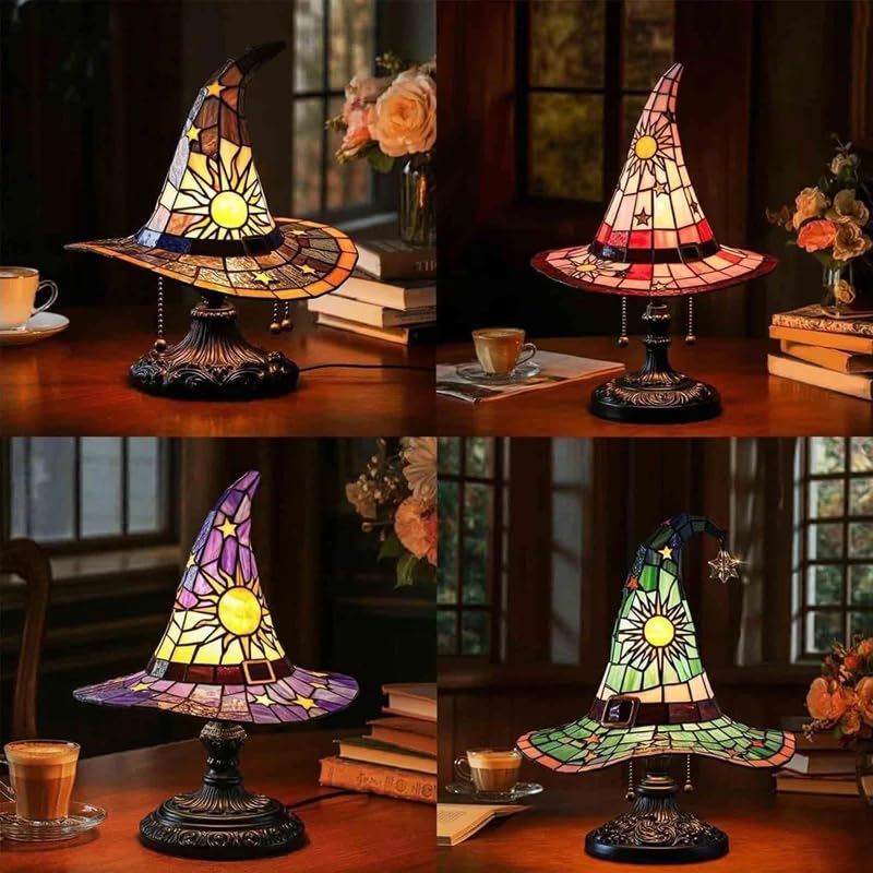 HatLeb Witch Hat Lamps, Handcrafted Stained Glass Resin Wizard Hat Light Gothic Table Lamp for Halloween Decor, Spooky Night Light for Bedroom and Indoor Parties, Unique Wiccan Gift