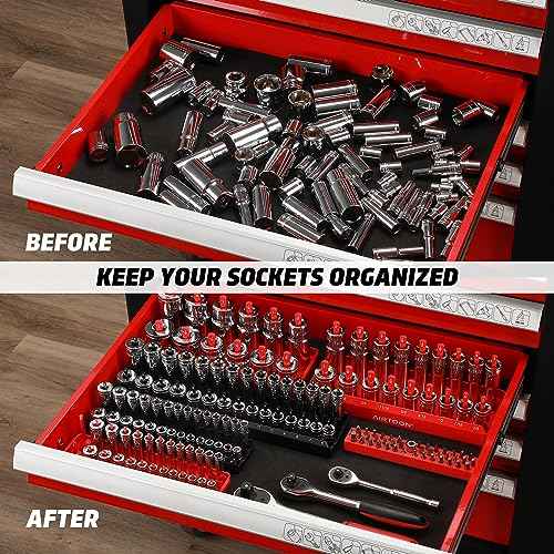 AIRTOON 8-Piece Socket Organizer Trays, SAE and Metric Socket Tray Set, 1/4", 3/8", and 1/2" Drive Deep and Standard Socket Holders Organizers for Toolbox, Black & Red