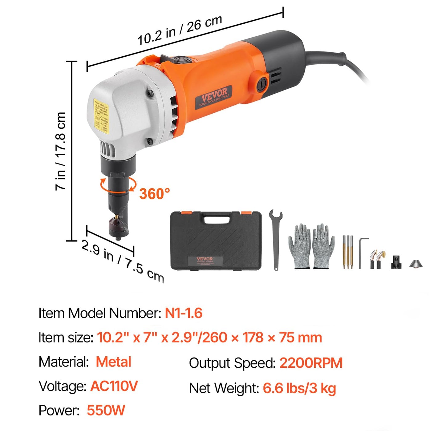 VEVOR Sheet Metal Nibbler, 550W, 2200 RPM Speed, 360 Degree Rotation Electric Nibbler Metal Cutter, Lightweight, Straight Curve and Circle Cutting for Stainless Steel, Aluminum, Plastic, Wood Board