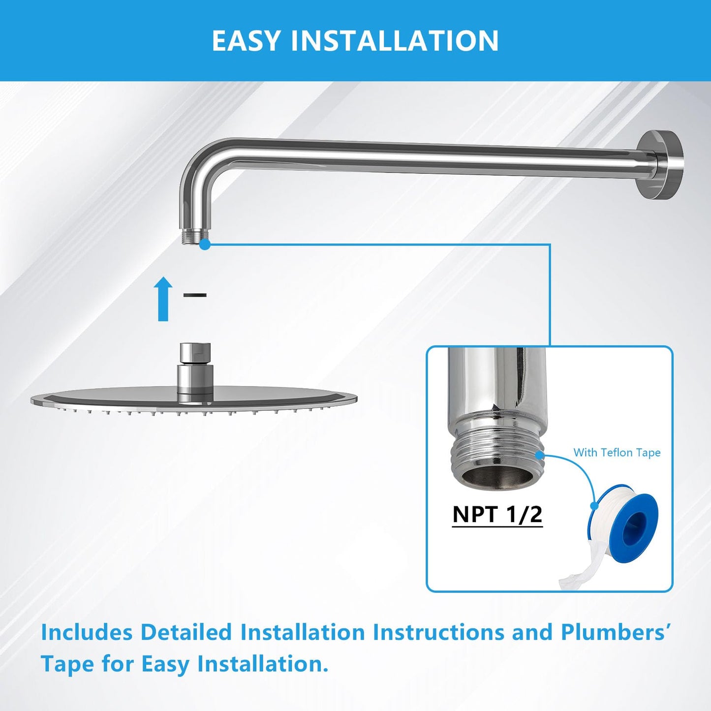 Lordear Shower Arm Chrome 16 Inch Shower Extension Arm L Shape Polished Chrome Stainless Steel Long Shower Head Extension Tube, Shower Extender Arm with Flange