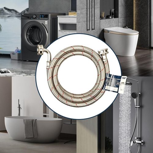 PLUMBINGMASTER 10FT Stainless Steel Washing Machine Hoses with 90 Degree Elbows,2 Pack Red and Blue Washer Hoses,Burst Proof Hot & Cold Water Connection Inlet Washer Supply Lines