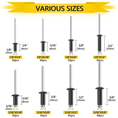400PCS Black Pop Rivets Assortment Kit, 8 SAE Sizes Aluminum Rivets (1/8" 3/16") with Reinforced Divider & Labeled Case for Storage
