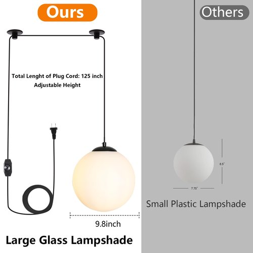 MASIVEL Glass Globe Pendant Light Plug in Modern Mid Century Ceiling Hanging Light Black 10" Globe Chandelier Hanging Cord with Dimmable Switch for Bedroom Kitchen Dining Room 1 Light