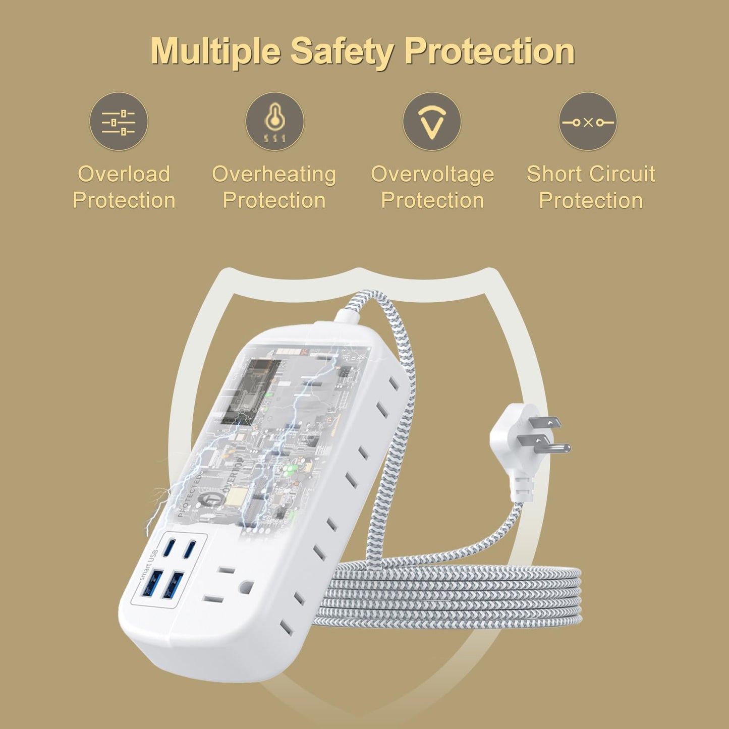 Overtop 12 IN 1 Power Strip Surge Protector, 8 Outlets 4 USB (2 USB C Ports), Compact Wall Outlet Extender, Nightlight Flat Plug 5FT Braided Extension Cord Charging Station for Travel Home Office Dorm