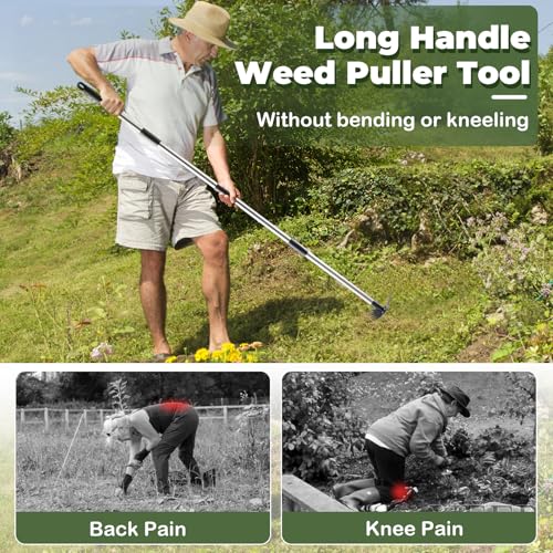 NICOFPHY Long Handle Weed Puller Tool with Heavy Duty Hoe & Rake