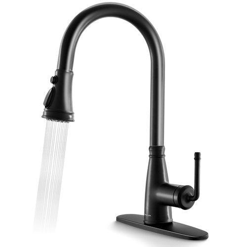 Lavatrum Matte Black Kitchen Faucet Antique 17 inch with Pull Out Sprayer, Single Handle Pull Down Kitchen Faucet 3-Function Sprayer