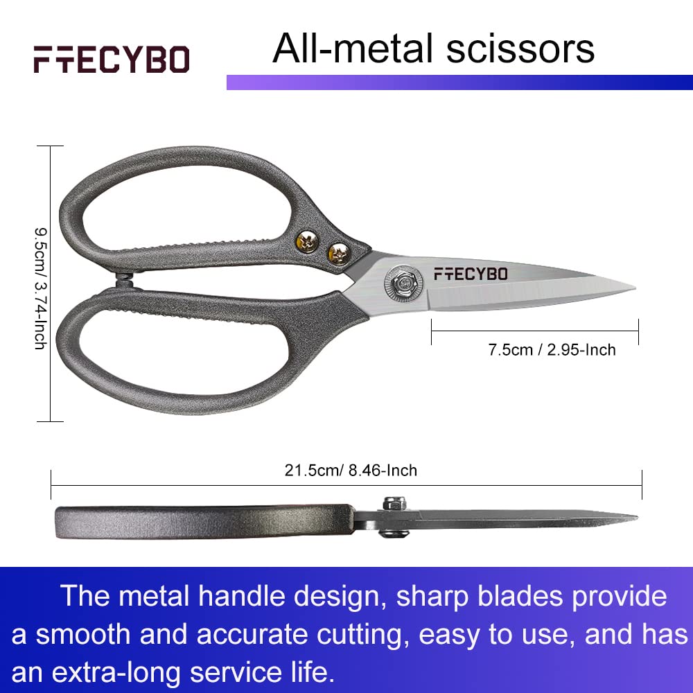 FTECYBO Heavy Duty Scissors 8.5'', All Purpose, Leather Scissors, Reinforced Stainless Steel Blades with Metal Handles for Home, Office, Easy Cutting Cardboard, Fabric, Carpet, Leather, etc
